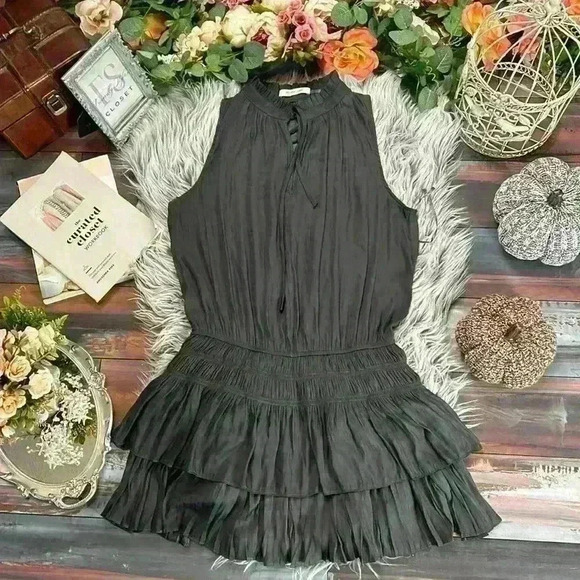 Mustard Seed Gray Silk-Like Sleeveless Tie Neck drop-waist  Tiered Dress, M - Picture 6 of 11